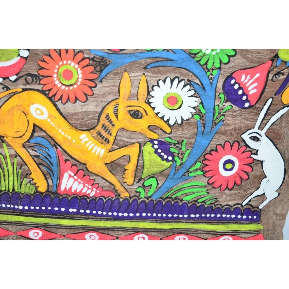 Vtg Mexican Folk Art Amate‎ Bark Painting Bright Colors Flowers Fox Rabbit bunny